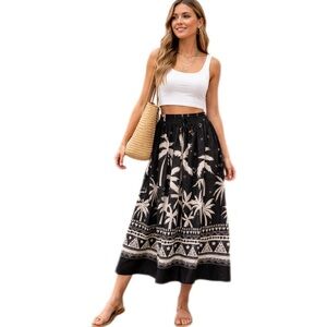 Gypsie Blu Black and White Tropical Print Midi Skirt Stretch Waist Lined Size L